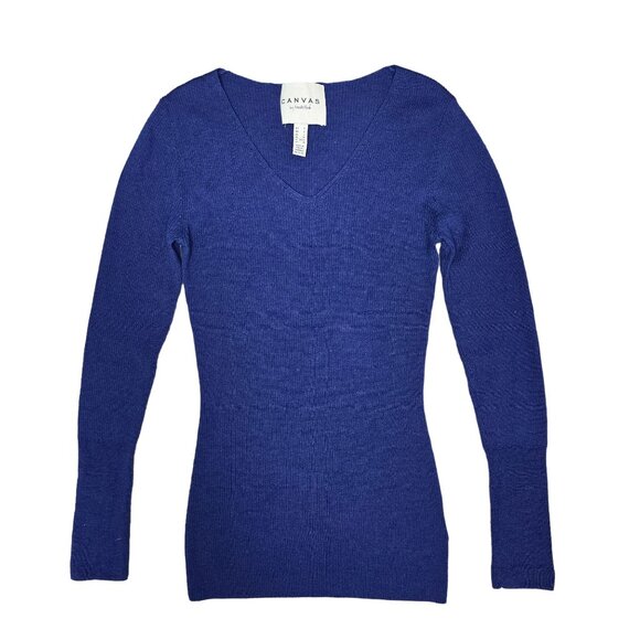 Canvas lands end Long Sleeve Ribbed super soft v neck Sweater royal blue size S - Picture 1 of 4